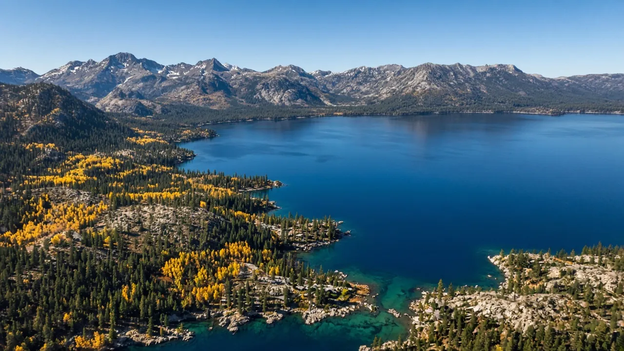 Aerial view of the Lake Tahoe basin with forested shoreline, golden aspens and the Sierra Nevada