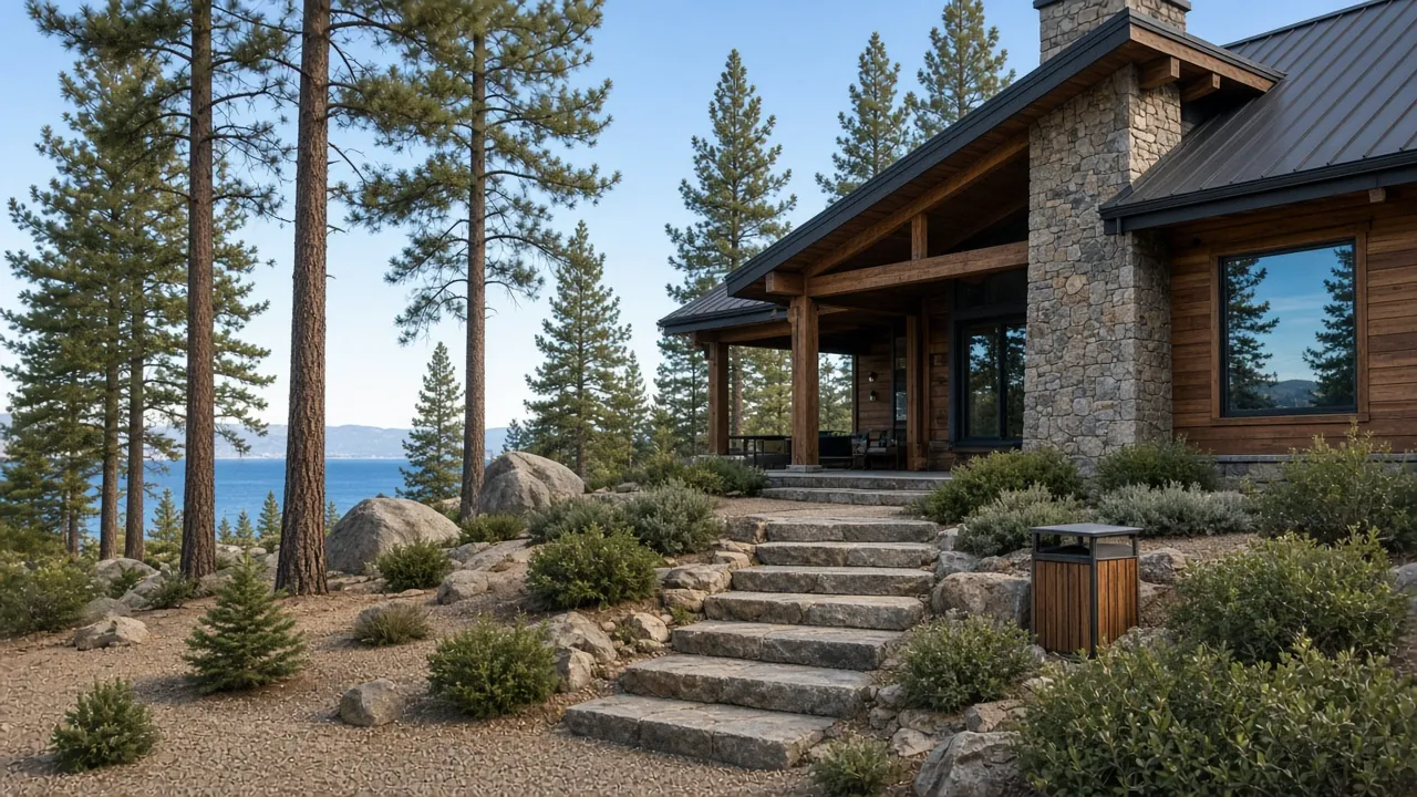 Stone and timber Lake Tahoe home with granite steps, cleared gravel defensible space and the lake visible through tall pines