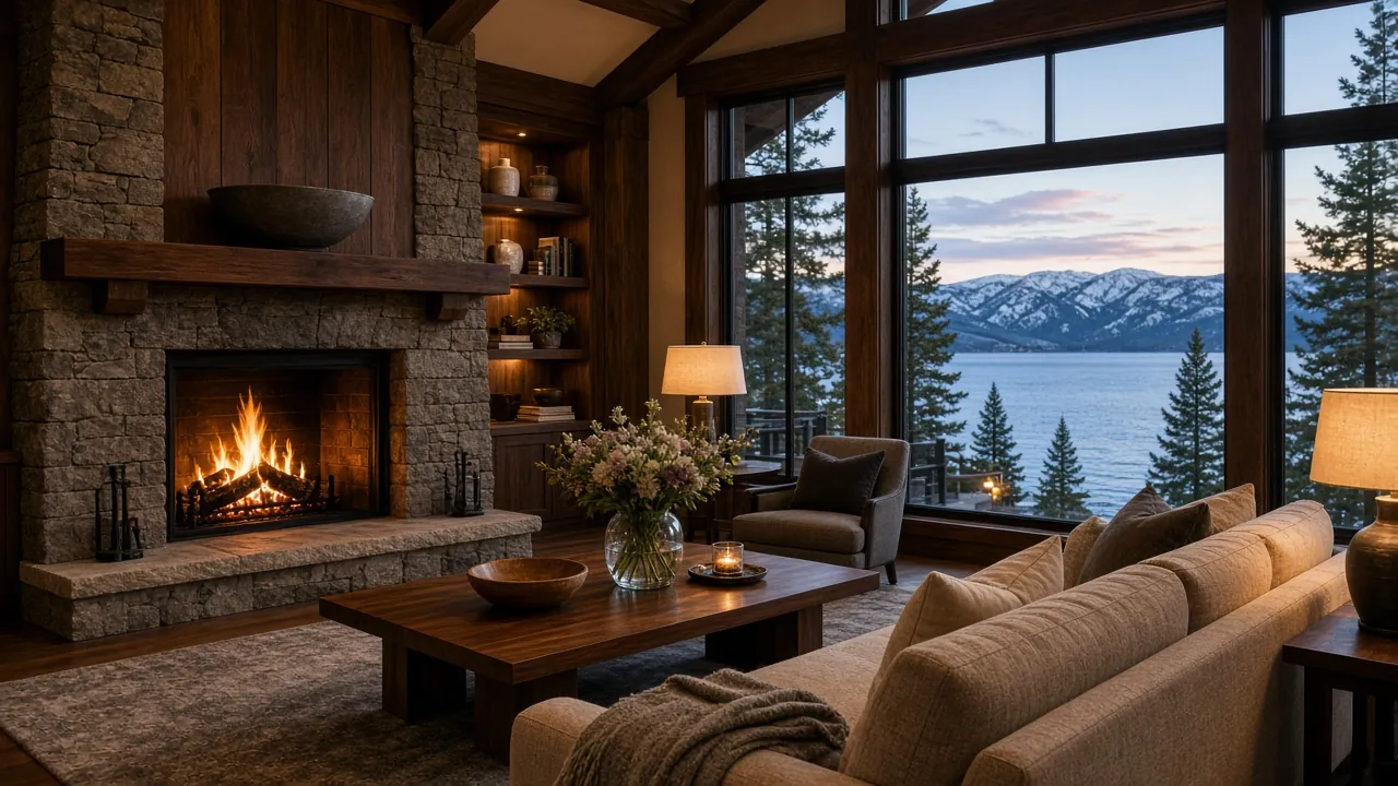 Lake Tahoe great room readied for an owner's arrival, with a lit stone fireplace, fresh flowers and lake views at dusk
