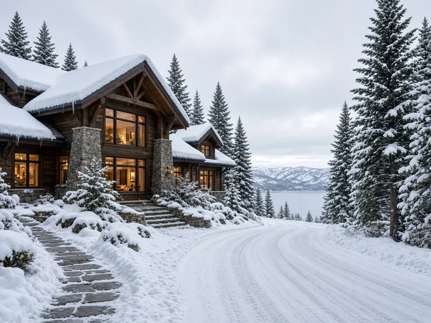 Snow-covered Lake Tahoe estate with a cleared driveway, shoveled stone path and clean roof edges after a winter storm