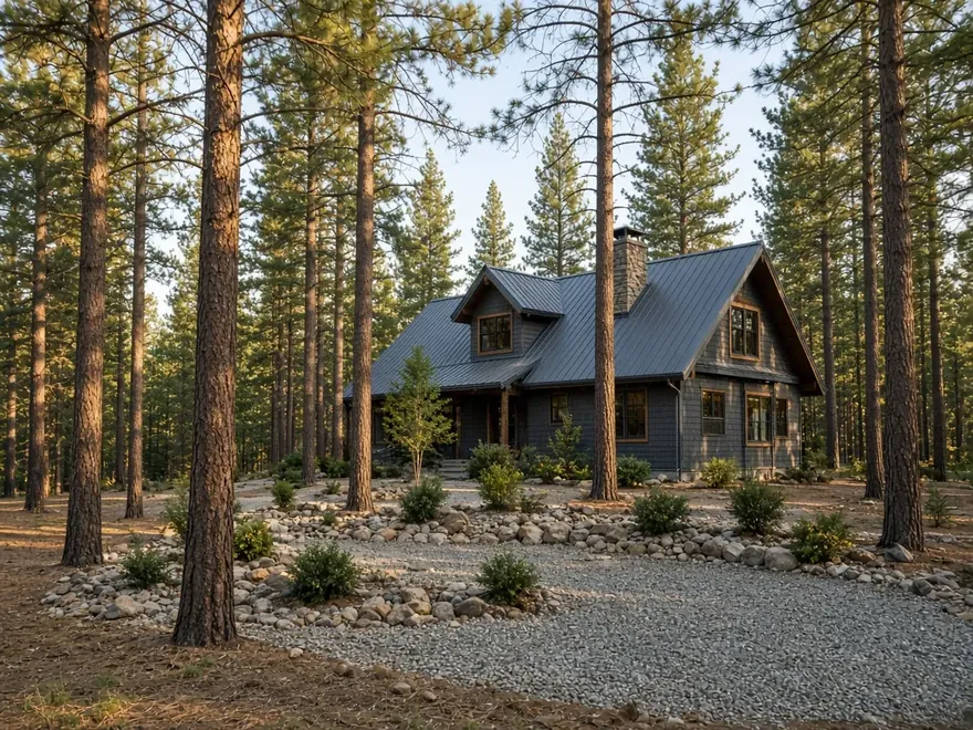 Lake Tahoe forest home with thinned pines, a cleared gravel defensible-space zone and a metal roof