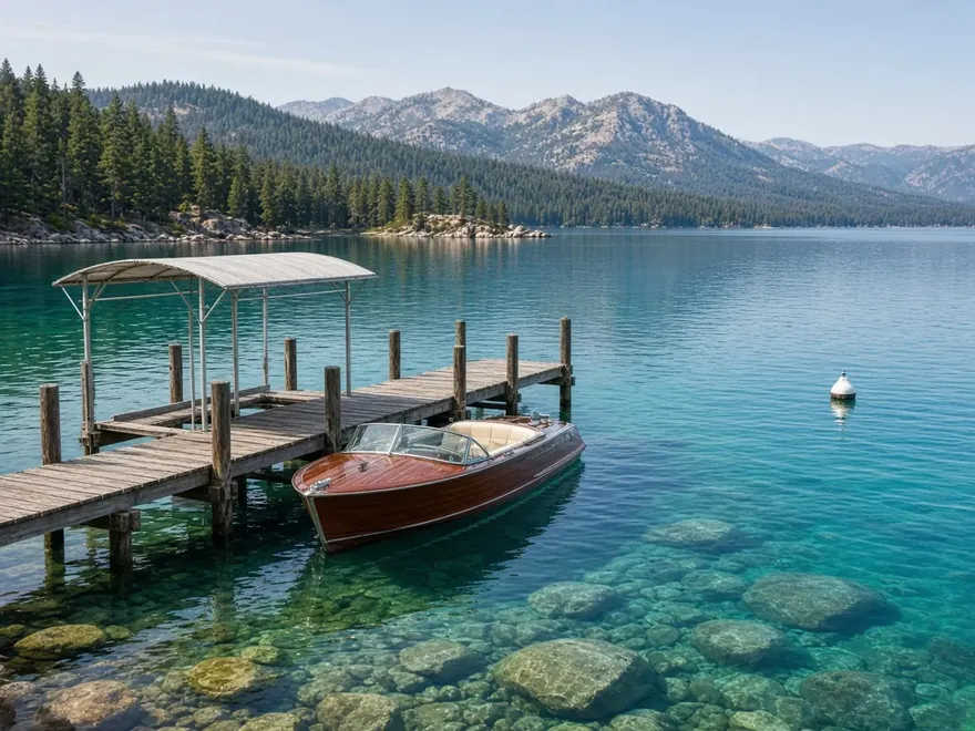 Private wooden pier with a boat lift and classic wooden runabout on clear Lake Tahoe water
